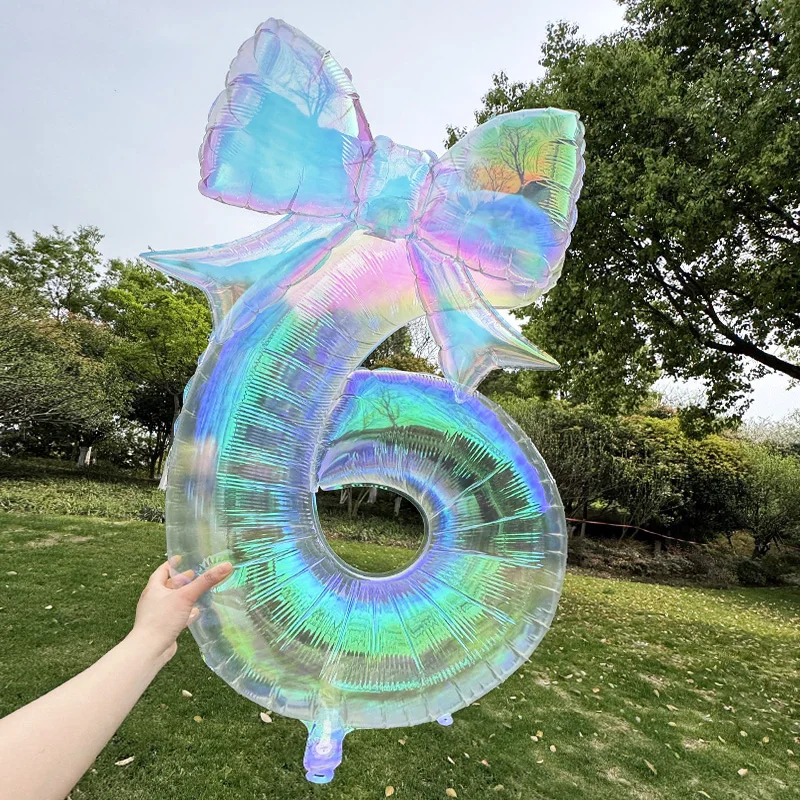 40 Zoll Transparenter Bunter Zahlen-Folienballon mit Niedlichem Schleifen-Set für Kinder Mädchen Jungen Einhorn Geburtstagsparty Dekoration Geschenke