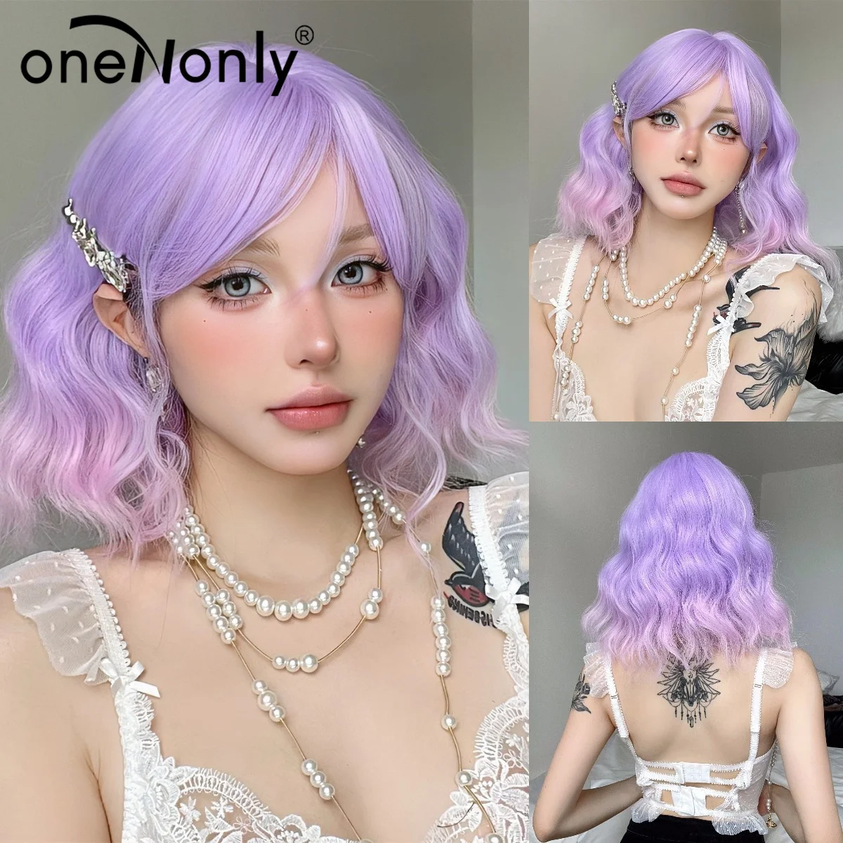 OneNonly-Peluca de cabello sintético de alta calidad para mujer, pelo corto de color morado, estilo Lolita, rosa, ideal para fiesta, Cosplay, herramientas de maquillaje