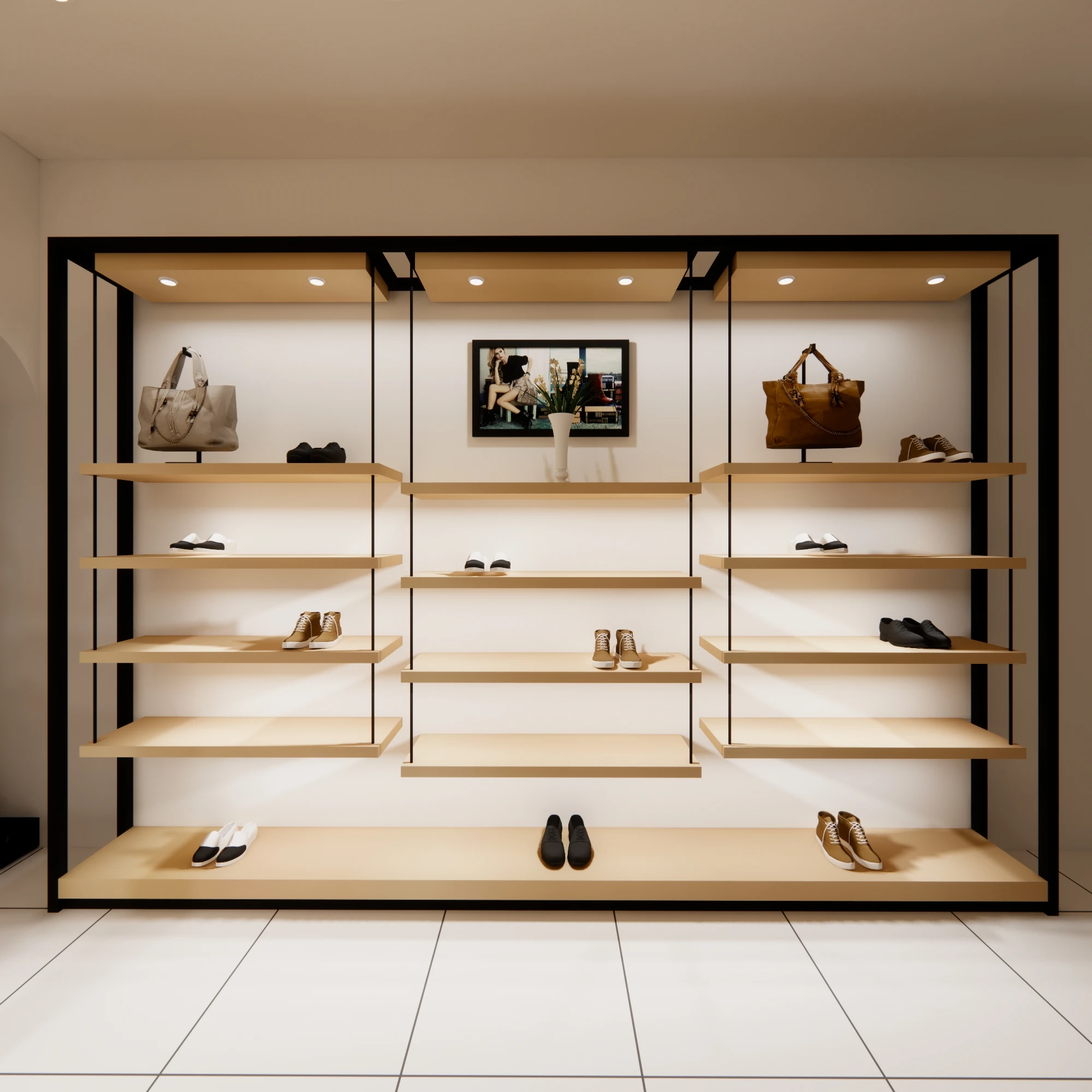 Commercial Shoe Display Rack Wooden Glass Handbag Display Cabinet Led Lighting Storage Shelves For Shop Decoration