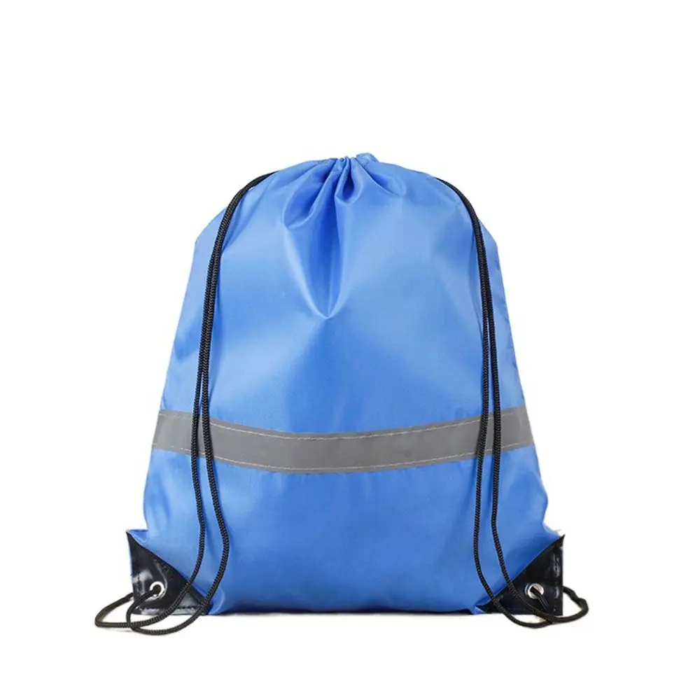 Reflective Stripe Drawstring Gym Backpack 210D Polyester Solid Color Nylon Sports Shoulder Bag Waterproof All-Match