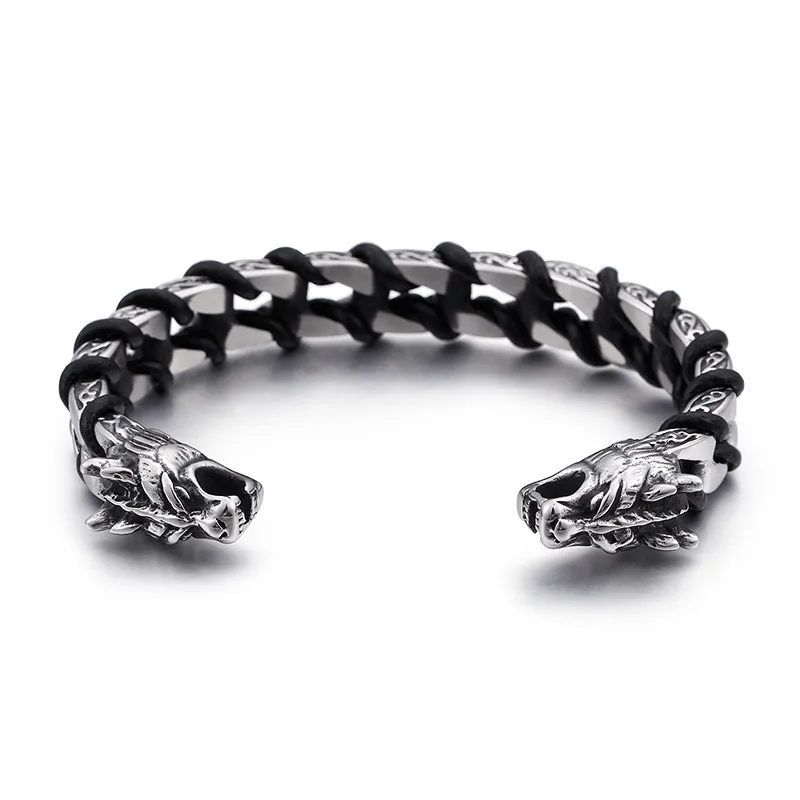 Fashion Retro Color Black Stainles Steel Men Dragon Wolf Skull Head Open Cuff Chain Weave Leather Bangles Bracelets Jewelry