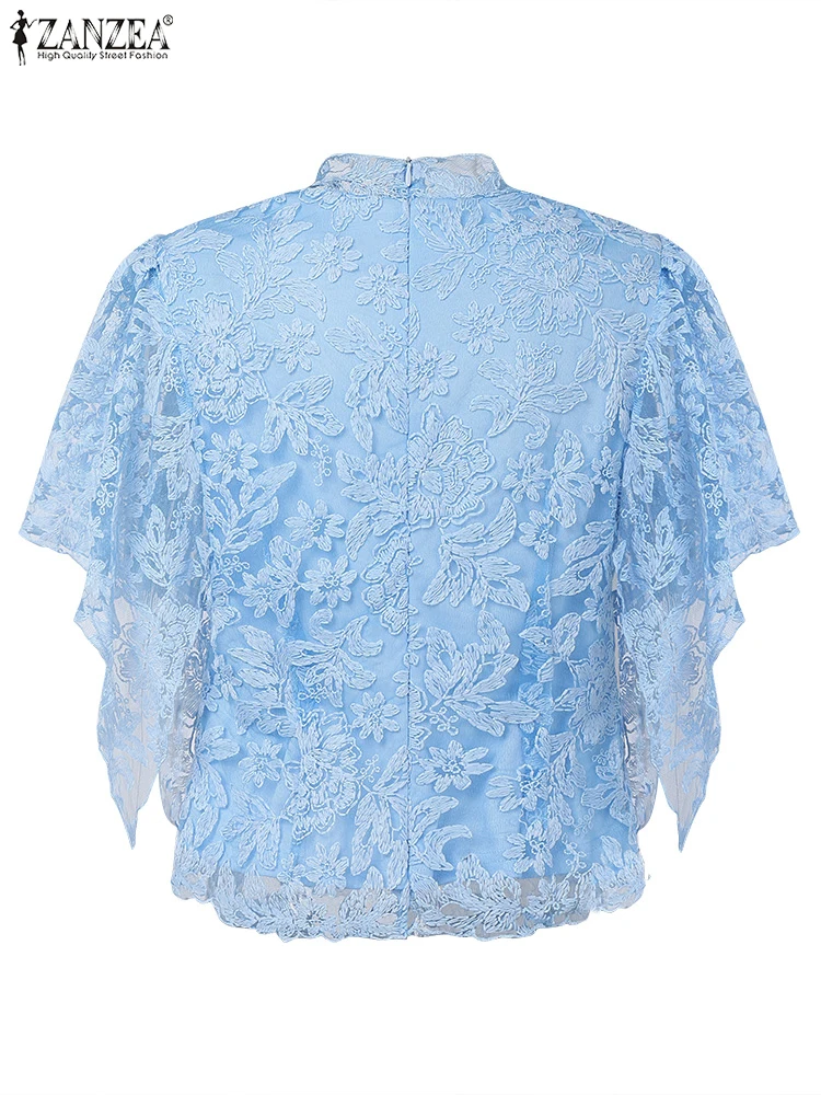 ZANZEA ผู้หญิงเสื้อแฟชั่น 2025 ฤดูร้อนแขนสั้น Ruffles เสื้อลูกไม้ Elegant OL Office Lady เสื้อ STAND COLLAR Blusas