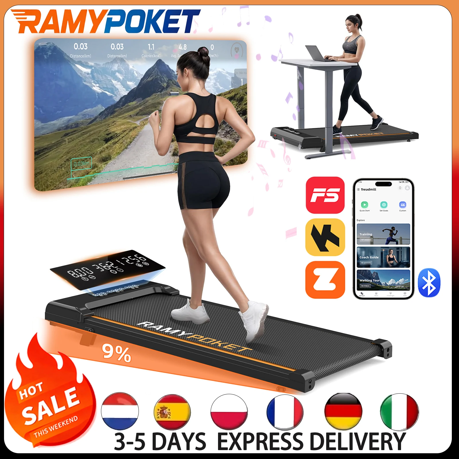 RAMYPOKET Walking Pad Laufband mit 9% Steigung leiser Motor APP Steuerung dreifaches Display Geschwindigkeit 1–8 km/h max. 120 kg Belastung laufbänder für Zuhause und Büro