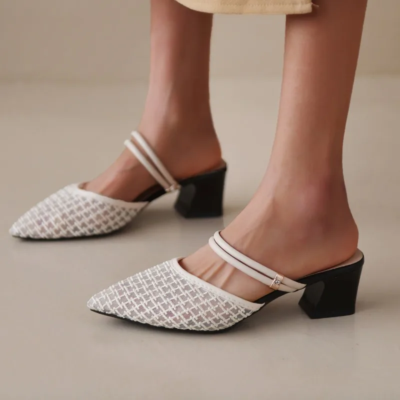 Slippers for Women Summer Mules Pointed Toe Slides Slip-on Luxury Shoes Backless Loafers Fashion Party Low Heel Ladies Pumps