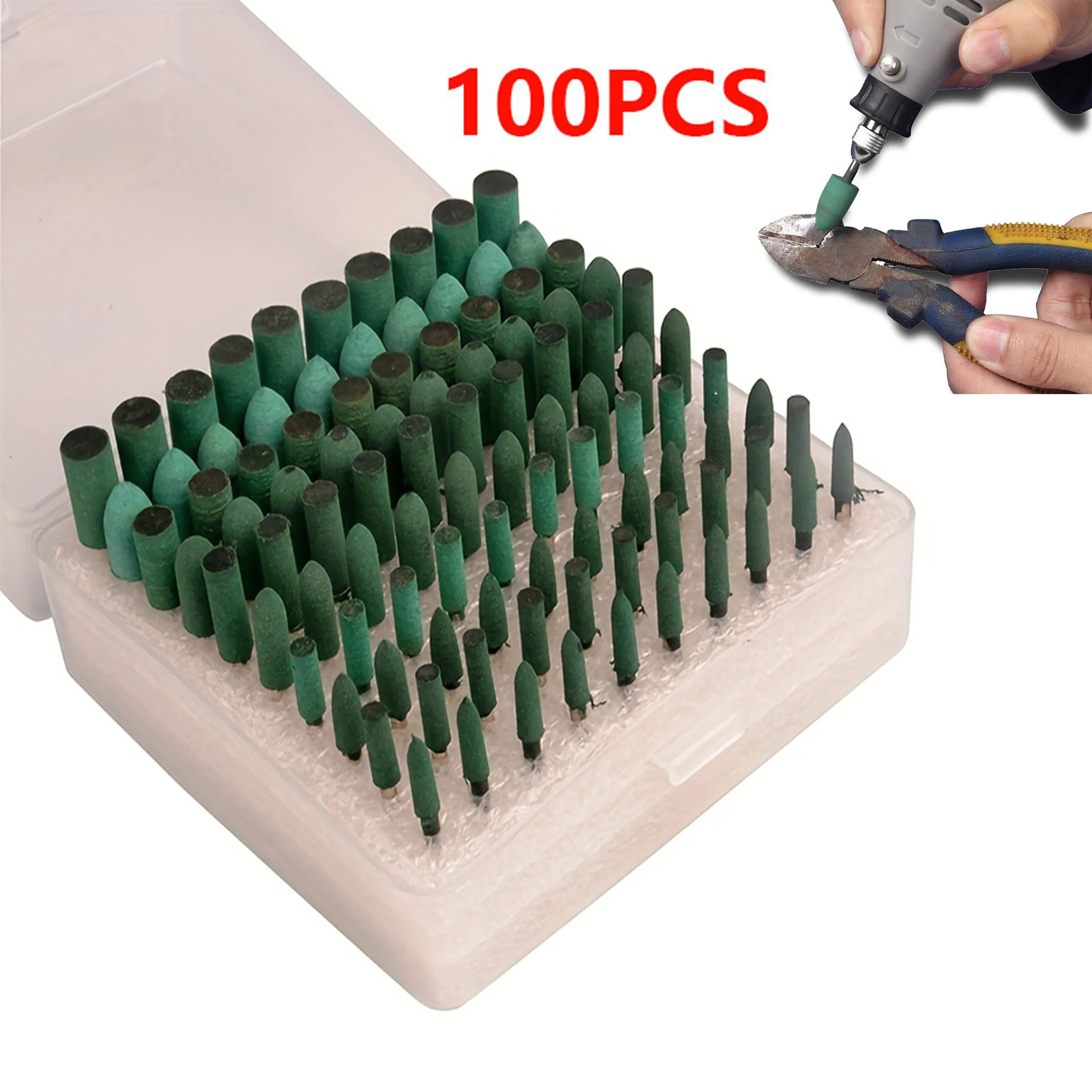 100pcs Rubber Grinding Heads,3mm Shank Assorted Accessory, Mounted Point Wheel Head Kit for Dremel Polish Rotary Tools (Green)