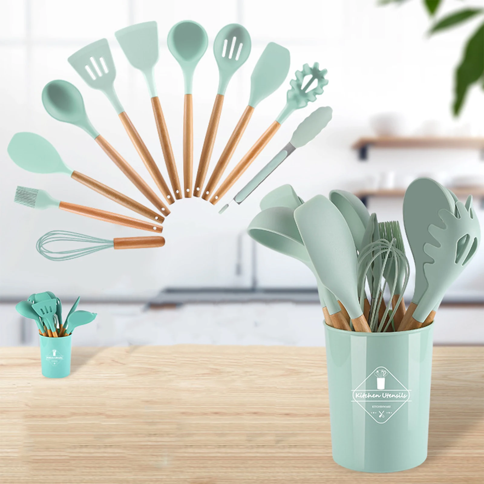 

12Pcs Wooden Handle Silicone Kitchen Utensils With Storage Bucket High Temperature Resistant And Non Stick Pot Spatula And Spoon