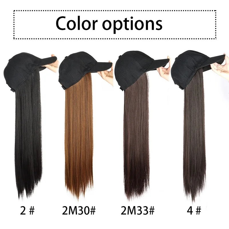 24Inch Synthetic Long Straight Black Baseball Cap Wig Adjustable for Women Daily Use