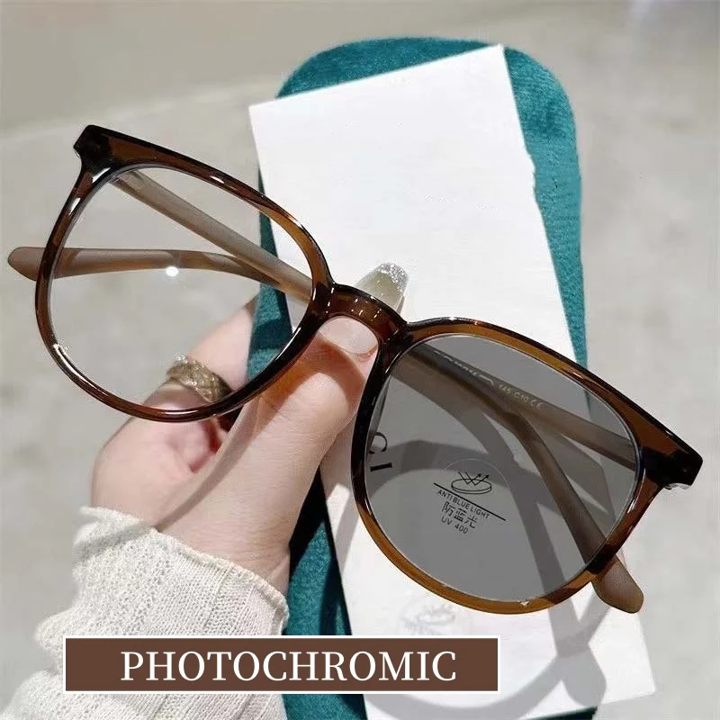 

New Fashion Photochromic Myopia Glasses Men Women Square Anti Blue Light Finished Prescription Eyewear Ultra Light Retro Glasses