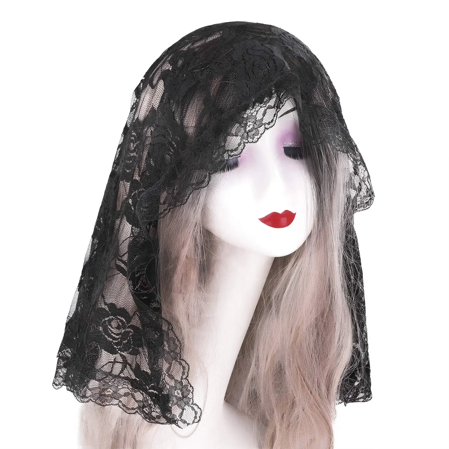 White Lace Embroidered Veil Wedding Bride Halloween Gothic Costume Headcover image 4