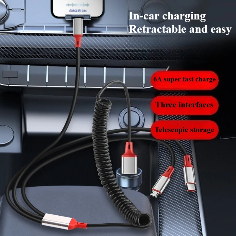 6A Super Fast Charging 3-in-1 Spring Data Cable Suitable for Apple TypeC Micro Charging Cable  for IPhone Samsung Xiaomi Redmi