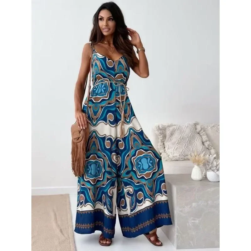 

New Women's Fashion V-Neck Strapless Belted Wide Leg Jumpsuit Ladies Elegant Floral Print New Style Long Jumpsuit