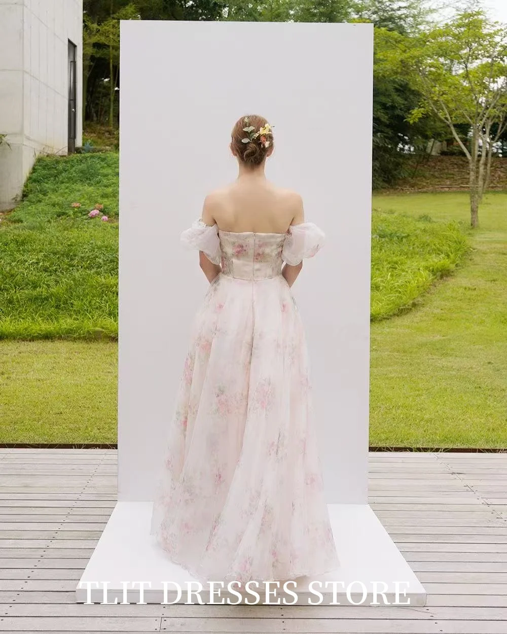TLIT Lovely Printing Flowers Chiffon A-Line Evening Dress Strapless Off the Shoulder Prom Gowns Customized Vestidos de fiesta