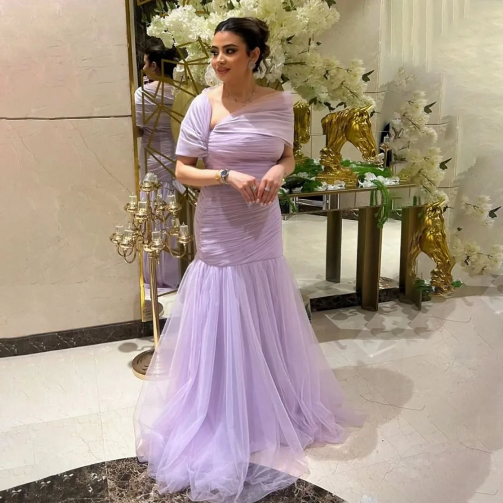 Customized High Quality Wrinkle Off Shoulder Floor Length Purple Zipper Strapless Tulle Purple Stain Evening Dresses  Vestidos