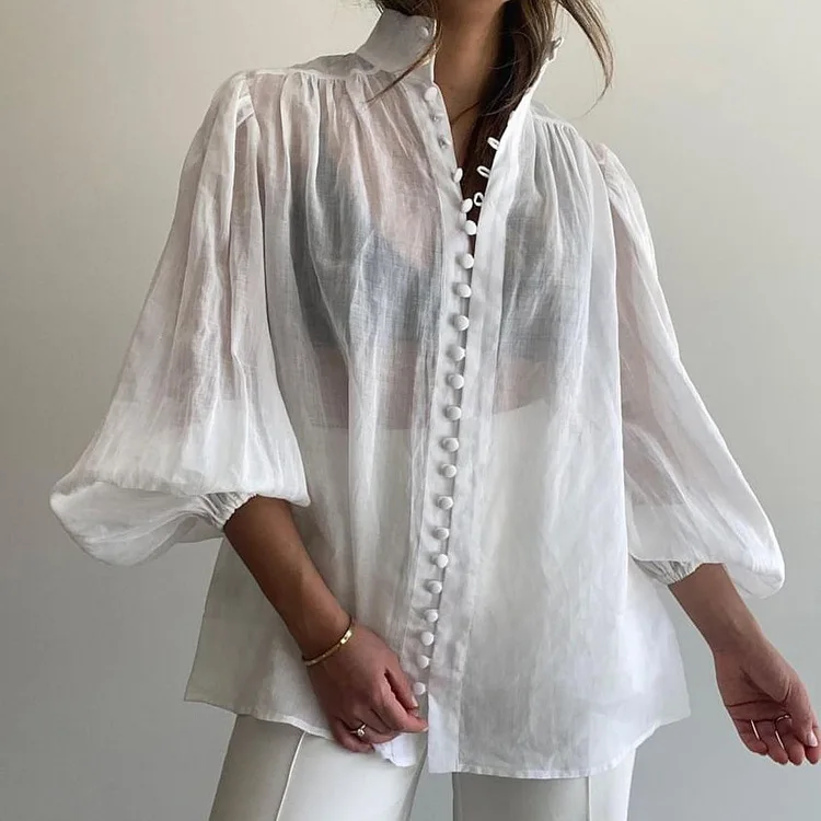 

Women's Single-breasted Shirt 2026 Spring and Autumn New Stand-up Collar Bubble Sleeve Versatile Loose Top Shirt