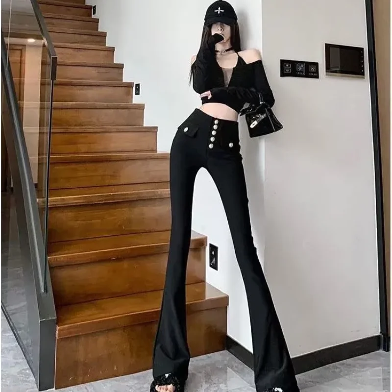 

Women's High-Waisted Flared Pants Pearl Button Decor Slim-Fit Stretch Y2K Streetwear Trousers