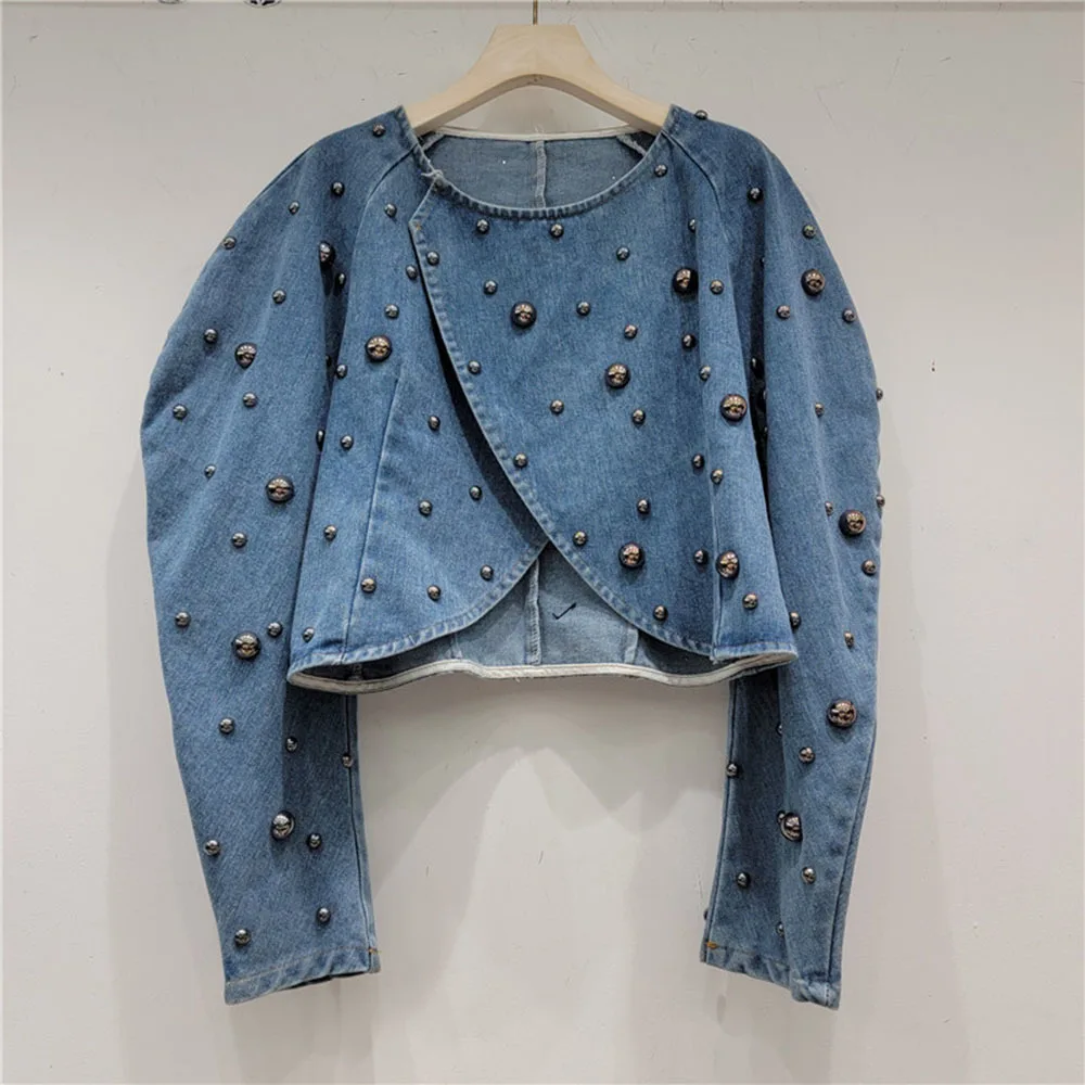 Vintage Round Nail Rivet Short Denim Jacket For Women Y2k High Street Bubble Sleeve Coat Autumn Spring New Female Clothing Trend