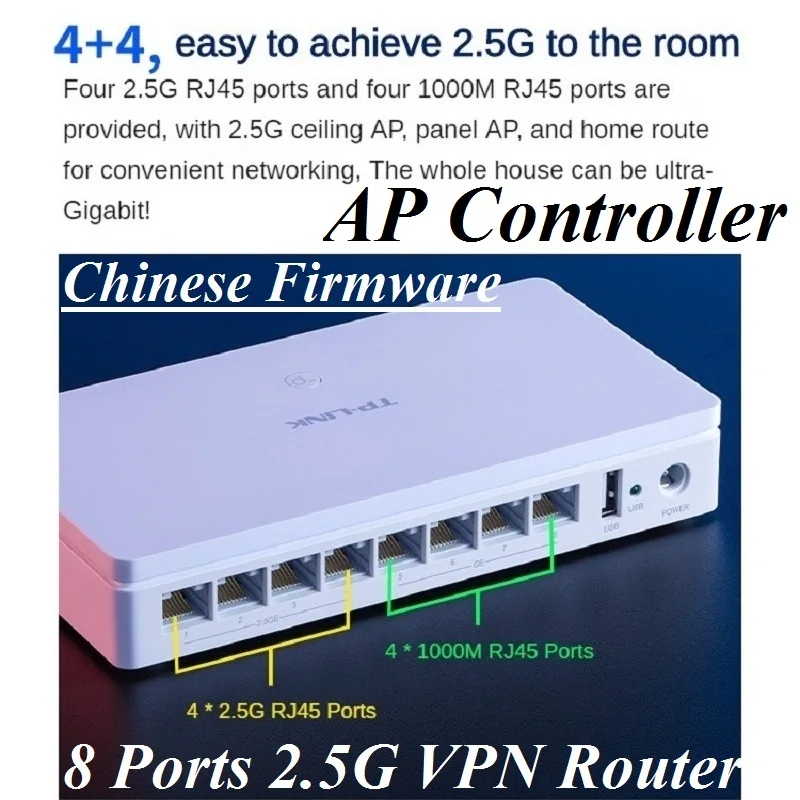 

8 Ports 2.5 Gigabit RJ45 IPSec/PPTP/L2TP VPN Wired 2500M Router Gateway WiFi Wireless AP Controller SOHO BROADBAND Chin-Firmware