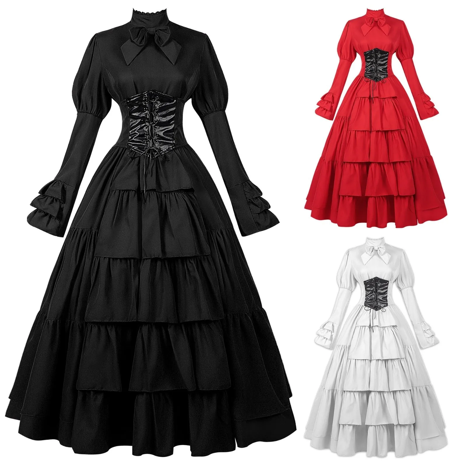 

Черные длинные вечерние платья Праздничный костюм горничной в Англии Средневековое викторианское платье Готическое платье макси с длинными рукавами и рюшами на талии