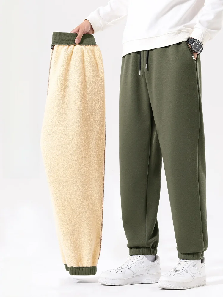 

Мужские повседневные спортивные брюки из овечьего флиса, зимние теплые свободные брюки с манжетами, удобные, с эластичным поясом, из смесового хлопка