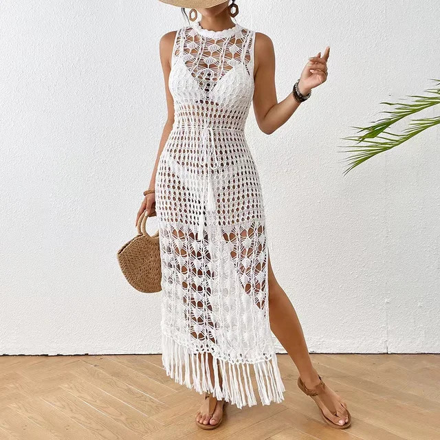 Moda damska Wakacje na plaży Sukienka z filtrem przeciwsłonecznym Knitting Hollow Out Bikini Cover Up Jednokolorowa długa sukienka z odkrytymi plecami i frędzlami