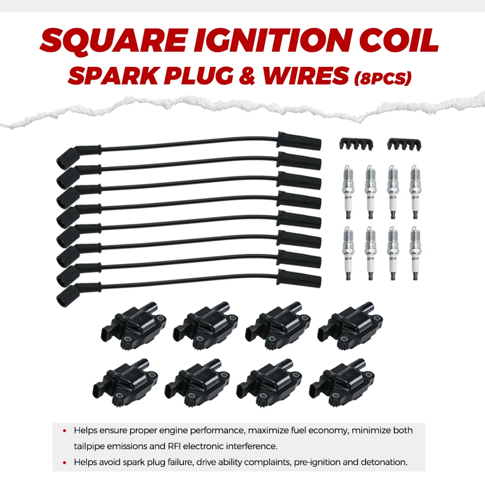 8PCS Square Ignition Coil 12570616 +Spark Plug 19299585 +Wires 12192195 for Silverado 1500 Tahoe GMC Car Accessories Parts