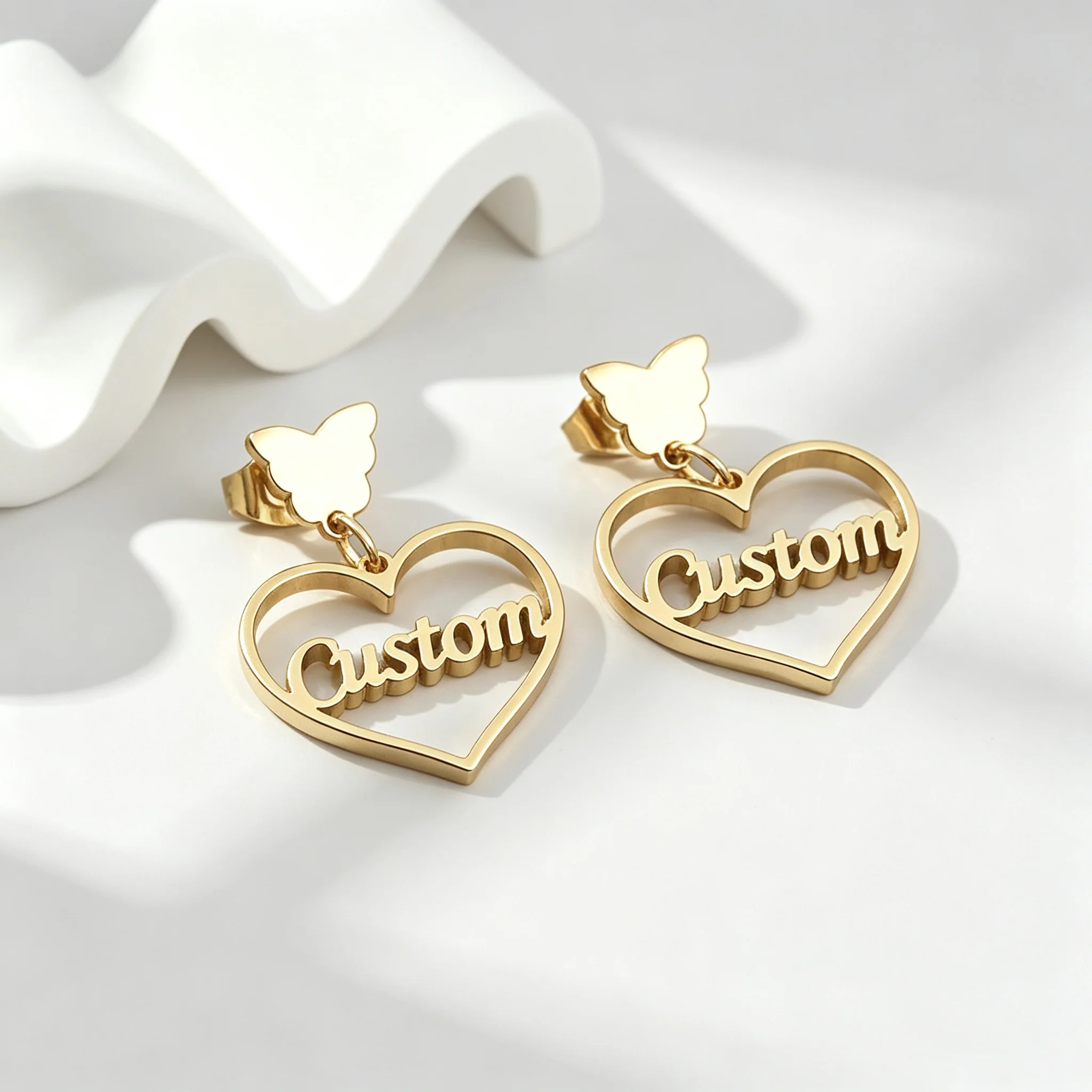 Custom Name Stainless Steel Butterfly Heart Hollow Name Earrings 18K Gold Plated Silver Luxury Earrings Women Daily Gift