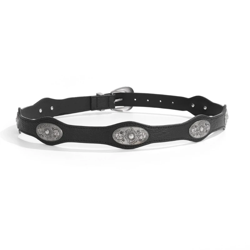 E56A Edgy Punk Rock Women's Waist Belt For Jeans Engraved Charm PU Leather Adjustable Strap