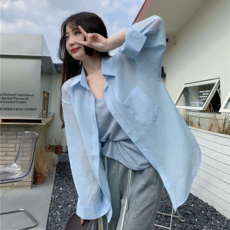 White Thin Shirt Women Summer All Match Sun Protection Simple Loose Long Sleeve Tops Korean Fashion Solid Casual Blouse New