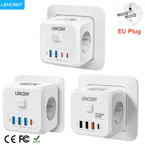 LENCENT-cubo de enchufe de pared multi USB con 3 salidas de CA, USB-A y tipo C, tira de alimentación 7 en 1, enchufe europeo, interruptor de encendido/apagado para el hogar