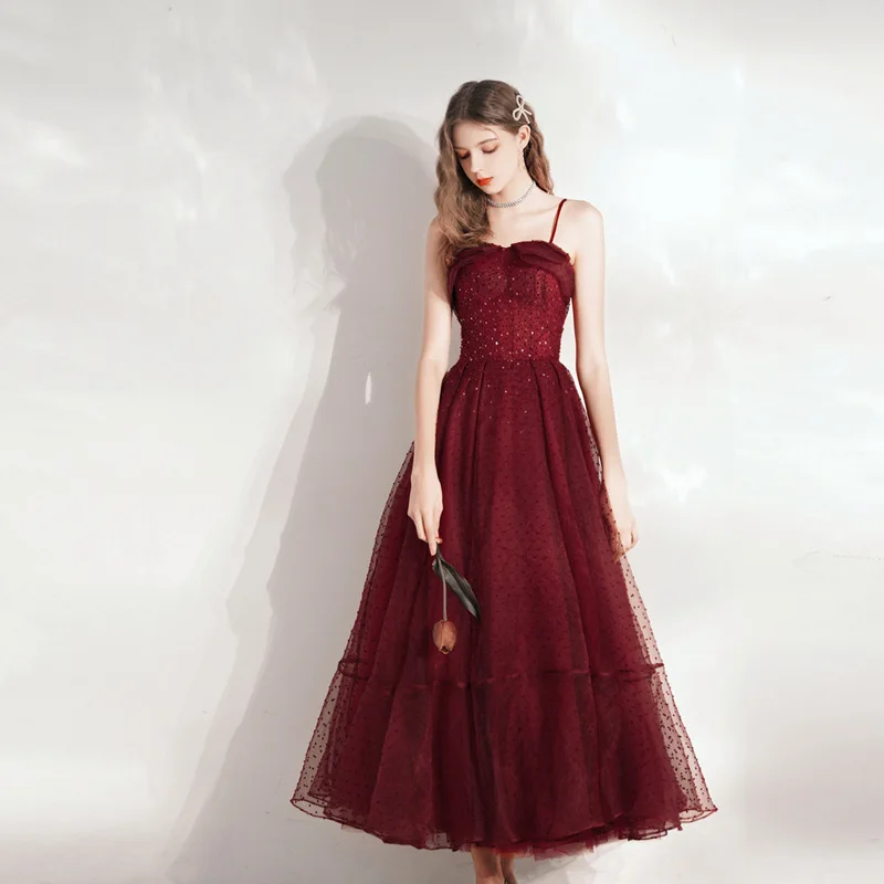 Luxury Sexy Burgundy Halter Neck Dress Evening Prom Dresses For Women Elegant Formal Party Ball Gown Dress Beads Decoration