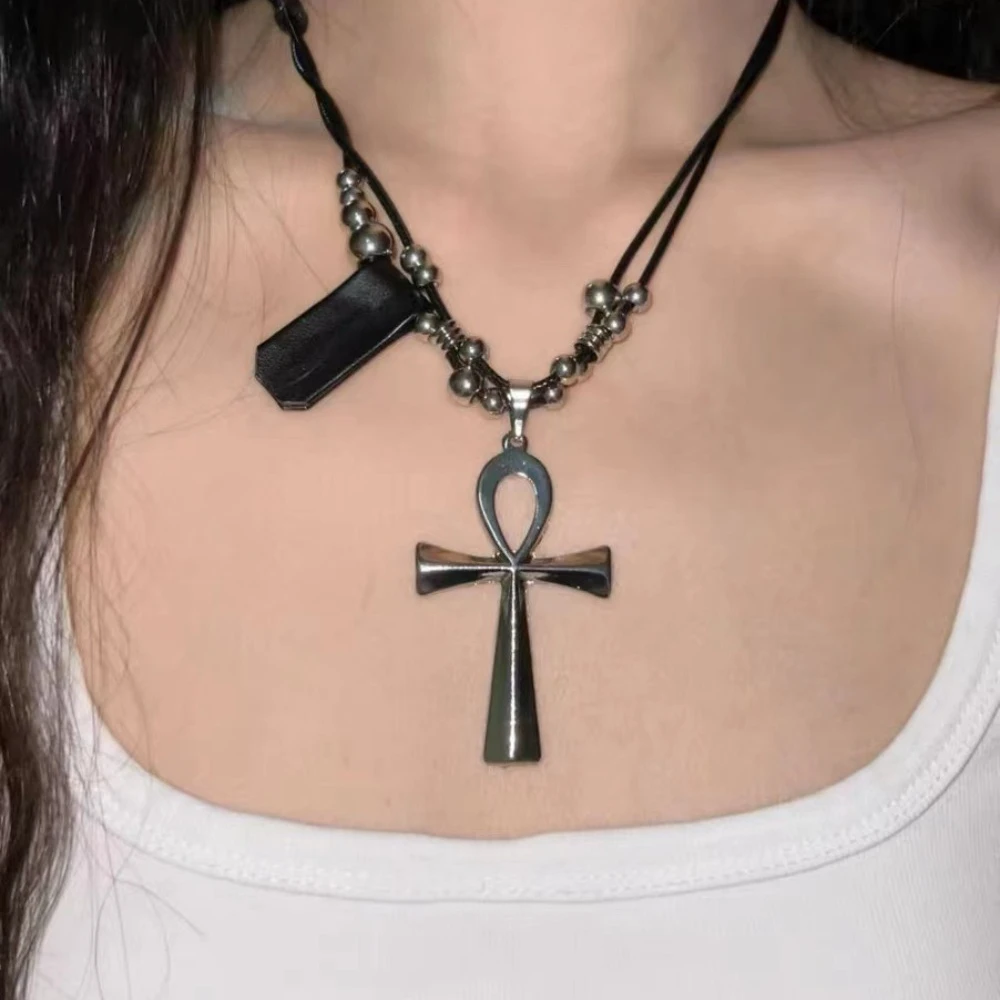 New Gothic Ancient Egyptian Ankh Cross Pendant Adjustable Leather Rope Chain Necklace for Women Men Halloween Grunge Y2K Jewelry - view 6
