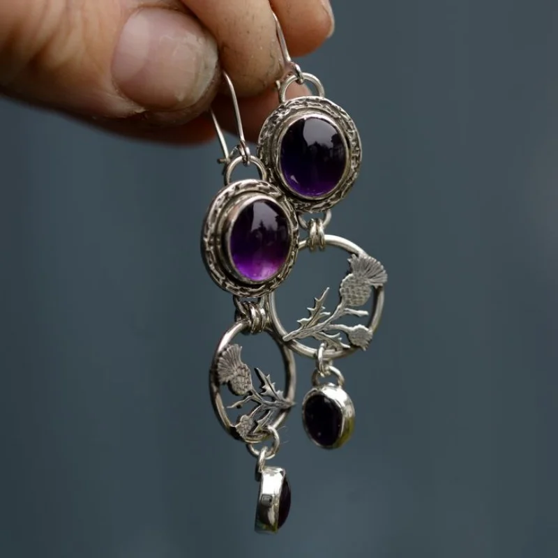 New Retro Bohemian Women's Earrings Retro Purple Synthetic Stone Pendant Earrings Ethnic Earhook Beach Party