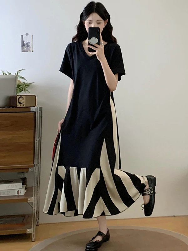 Yokoc grande taille femmes rayé Patchwork T-shirt Dr coréen Sle été minceur longue Dr trajet a-ligne jupe