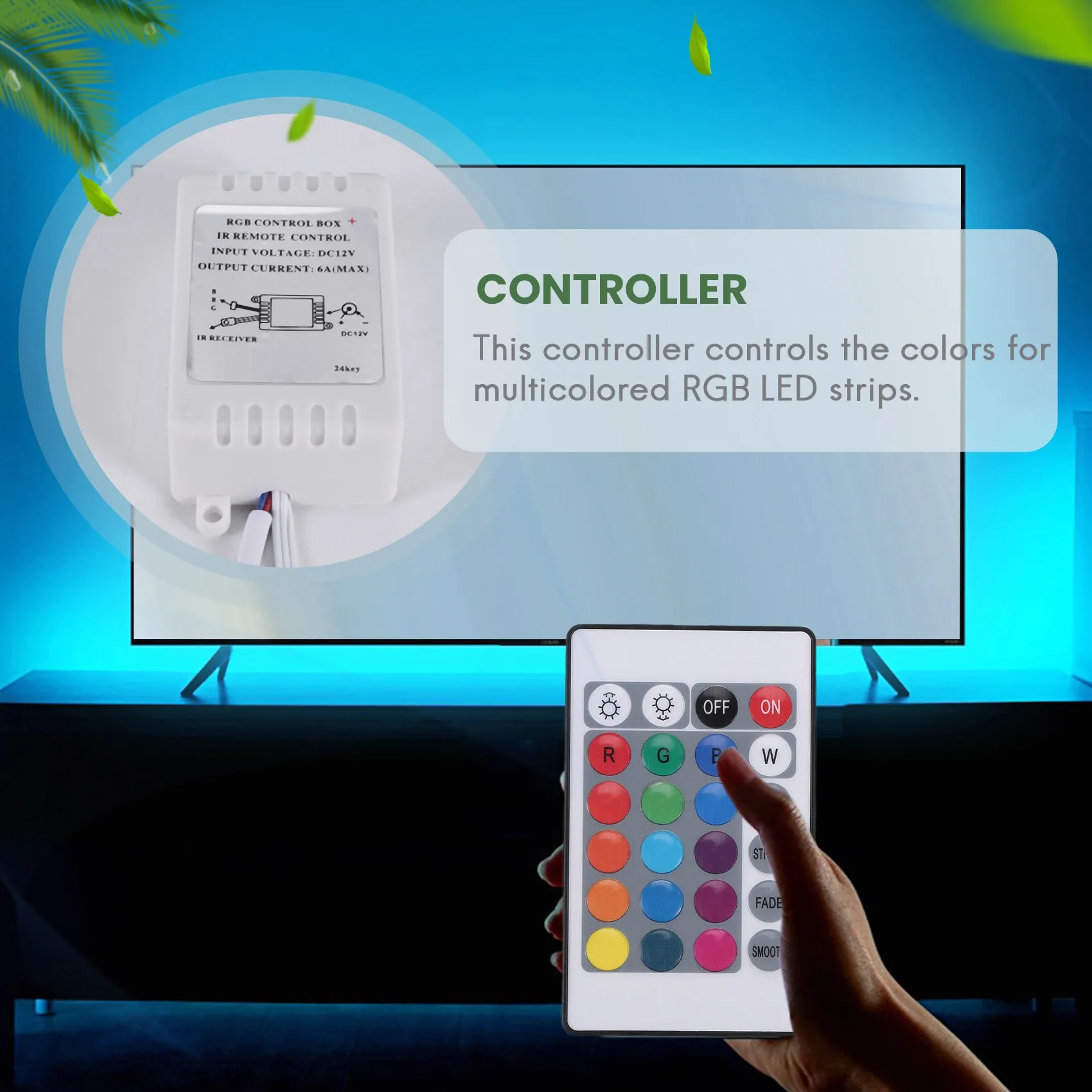 Controlador LED RGB, Control IR FB, 24 teclas, blanco, 12V