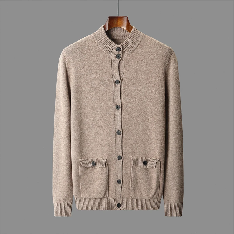 

ADDONEE Men's Thick 100% Wool Sweater Coat Mock Neck Long Sleeve Pocket Cardigan Autumn Winter Soft Smart Casual Cashmere Knit