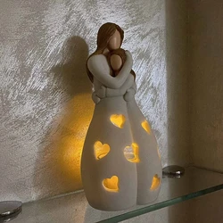 Standing Mother Hugging Daughter Statue Resin Figurines Candlestick Holder with Flickering LED Candle Memorial Gifts