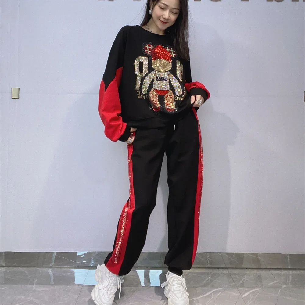 

Casual Two Piece Sets Womens Outifits Crowns Diamonds O Neck Patchwork Tops Side Printed Pants Knitting Women Autumn Tracksuit