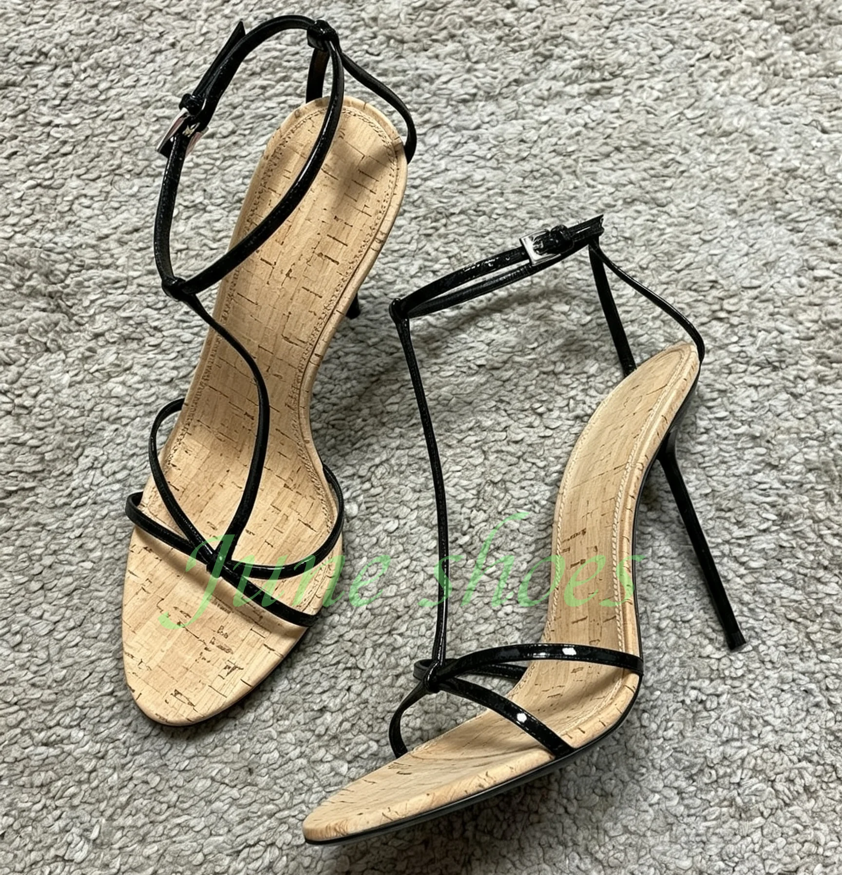 Women Black Patent Leather Thin Strap T-Strap Slingback Sandals Cork Insole Open Toe Stiletto High Heels Summer Evening Sandals