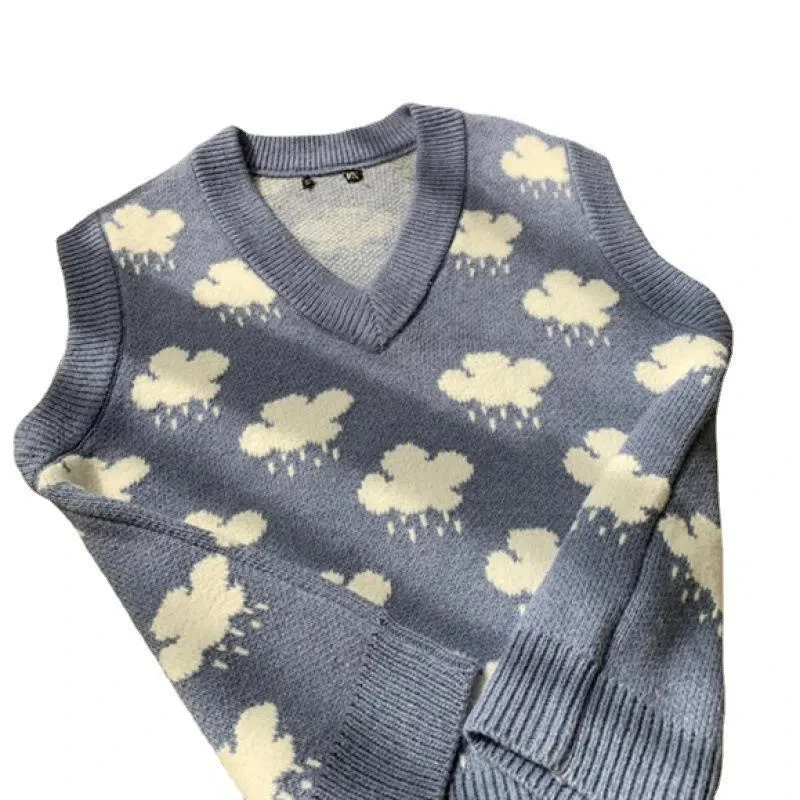 جديد سترة جاكار الأزرق سحابة صغيرة سترة محبوك تانك القمم الخامس الرقبة سترة فضفاضة فضفاضة المرأة 15990