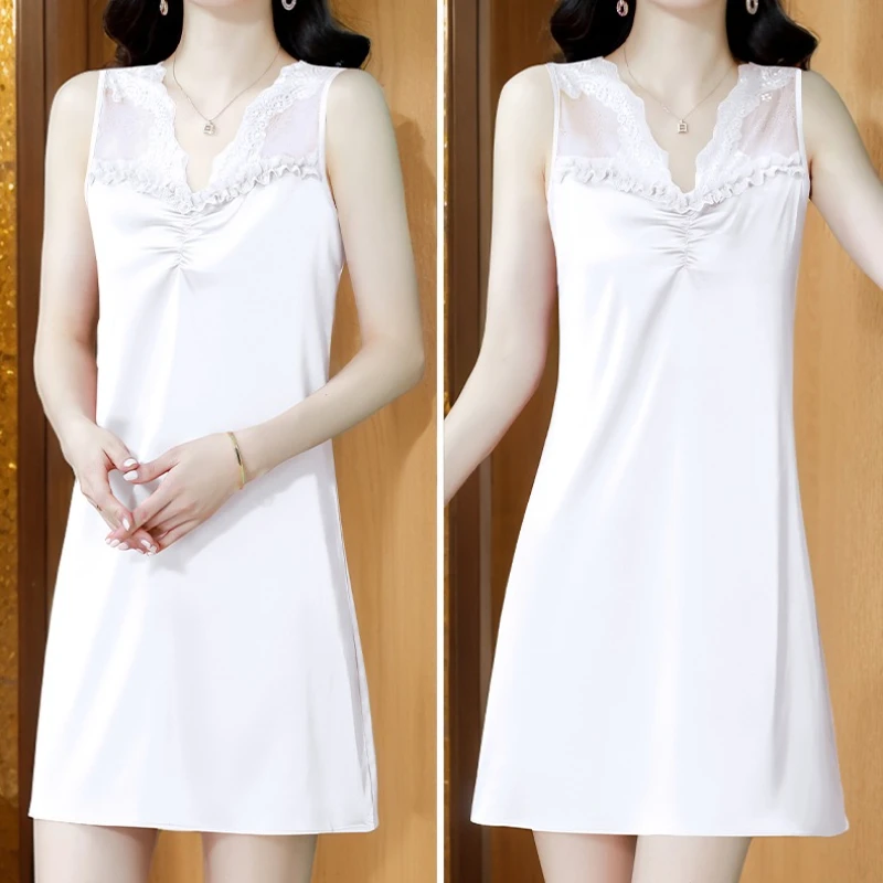 2025 Dames Zomerjurk Satijn Kant Sexy Vrouw Kleding Mode Luxe Ijs Zijde Hemdje Jurk Nieuwe Witte Elegante Jurken Vrouw