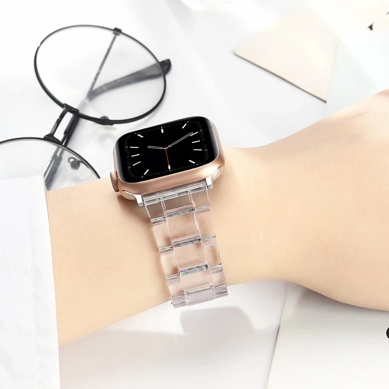 شفافة الراتنج حزام ل apple watch الفرقة 45 مللي متر 41 مللي متر كوريا 44 مللي متر 38 مللي متر الذكية سوار iwatch سلسلة 7 6 5 4 3 SE 41 مللي متر 42 مللي متر