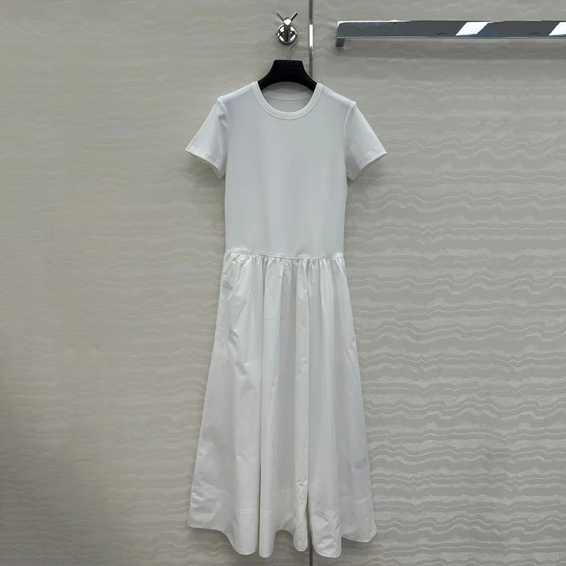 Damesjurk met ronde hals en korte mouwen, gesplitste slanke taille T-shirt lange jurk, hoogwaardige katoenen jurk, zomer, nieuw, 2025