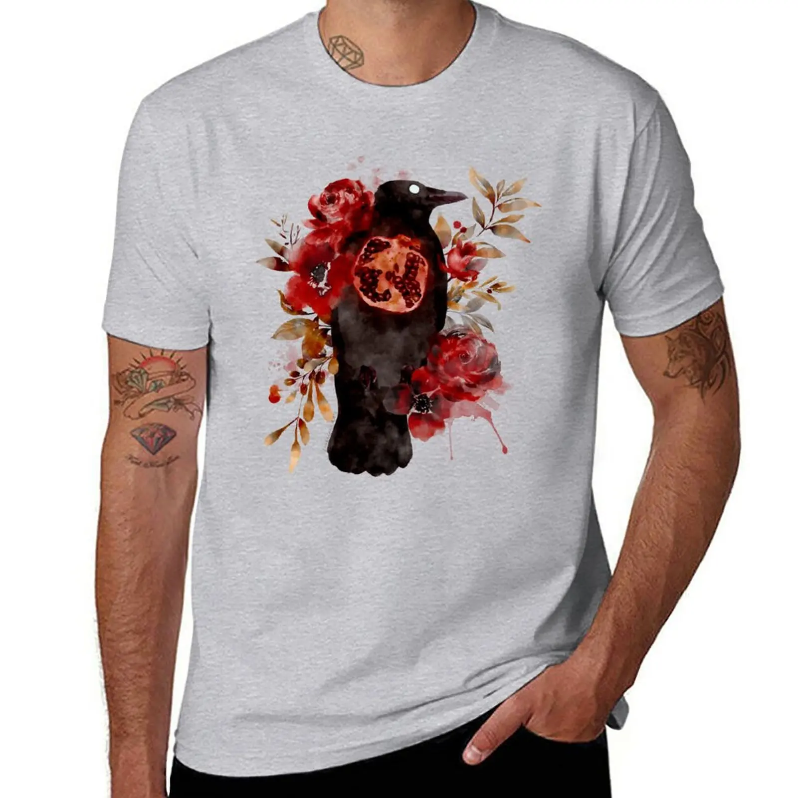 

New Autumn Oracle Crow Pomegranate Watercolor T-Shirt quick-drying t-shirt mens plain t shirts