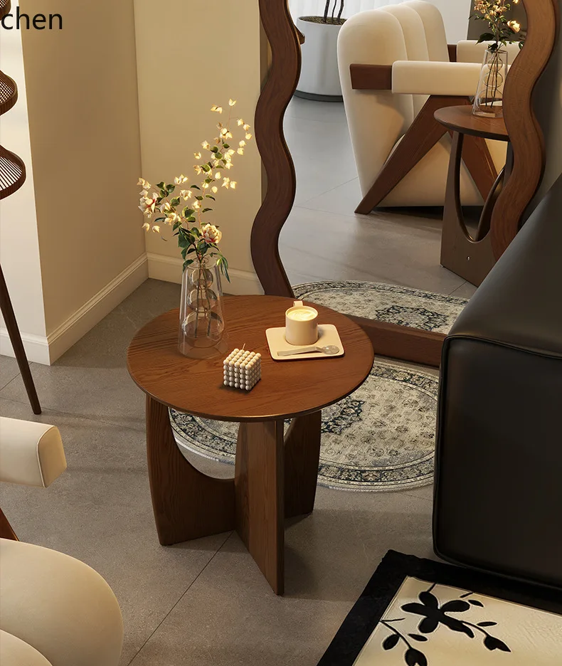 ZML solid wood round side table sofa end table minimalist small apartment home living room wooden coffee table