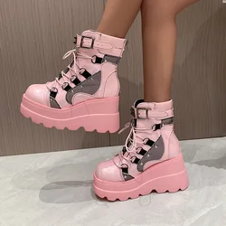 Women Punk Gothic Motorcycle Boots 2024 New Platform Chunky High Heel Ankle Boot Ladies Cool Wedge Woman Black Female Shoes