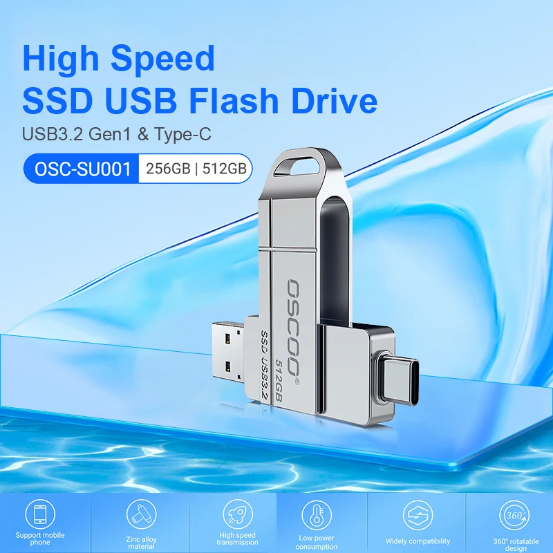 OSCOO SU001 Flash Drive USB SSD, Flash Drive USB 256GB 512GB SSD Eksternal USB 3,2 Gen1 & Tipe C Flash Drive TypeC kecepatan baca hingga 550MB/dtk