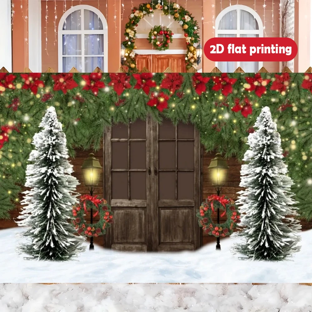 1pc Christmas Backdrop Banner: Festive Wooden Door, Wooden Door, Trees, Wreaths, Snow, Outdoor Xmas Decor, Photo Props