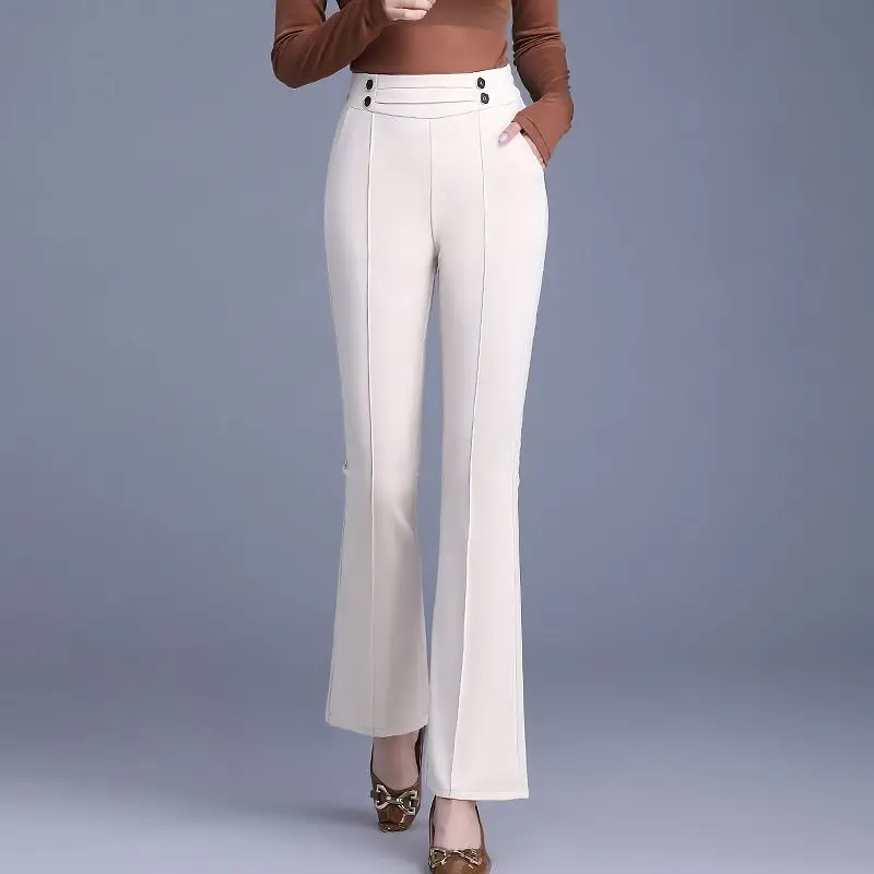 Spring Autumn Elegant Buttons Solid Color Elastic Waist Flare Ladies Fashion Slim High Waist Temperament Pants Women Clothes
