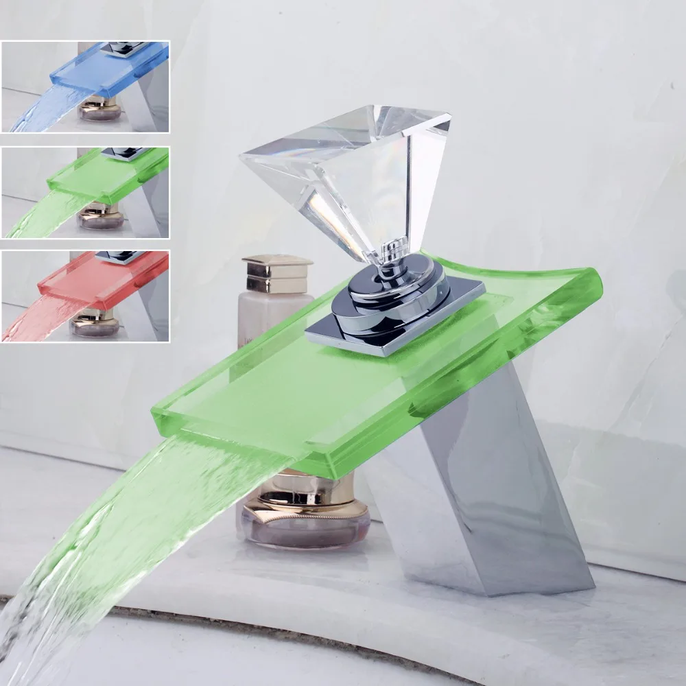 LED Bathroom Sink Faucet torneira Waterfall Glass Brass Faucet Tap Faucet Mixers Taps Diamond Shape Handle 3 Color LED Light