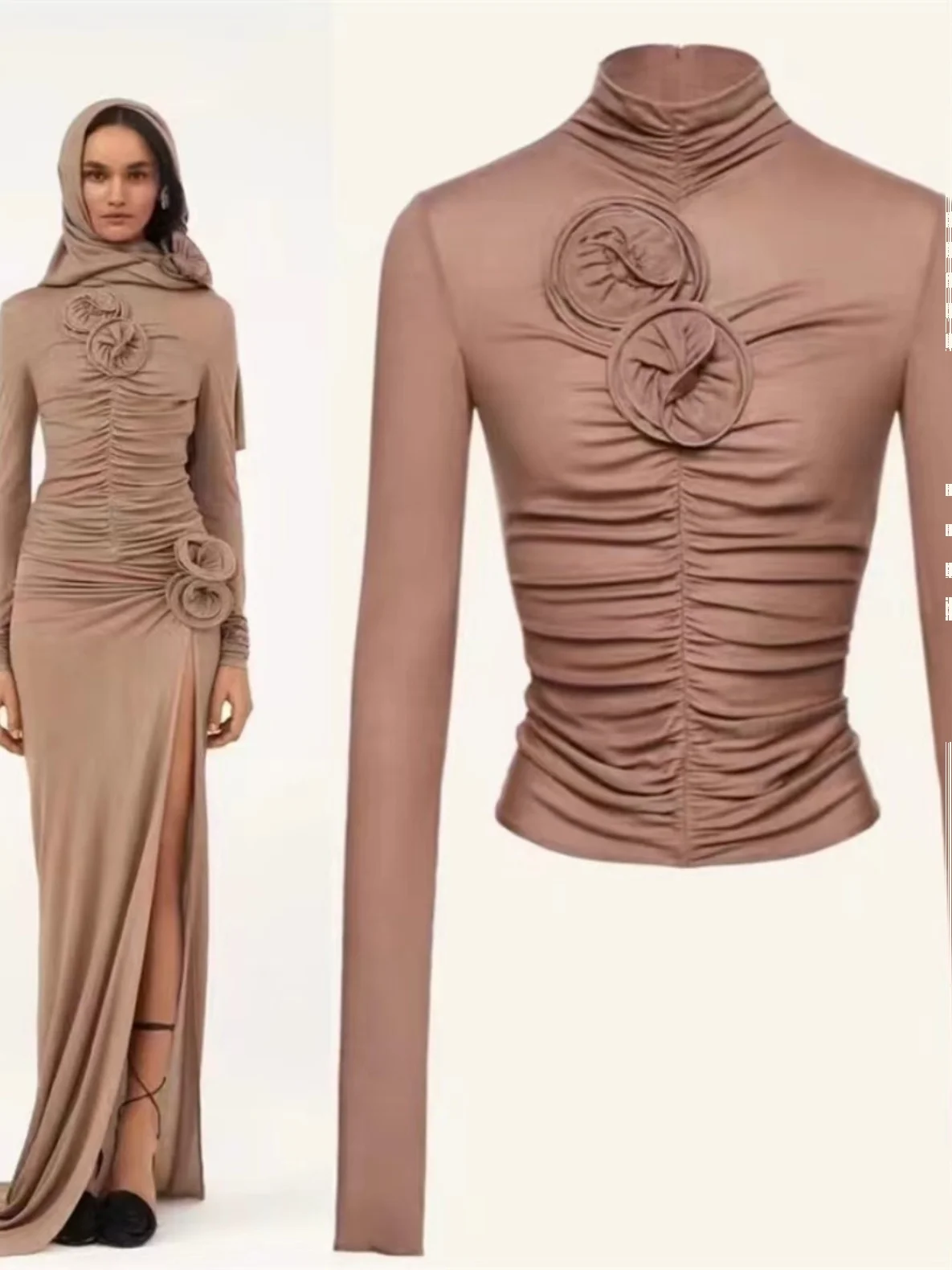 Elegant Italian Style Long Sleeve T-Shirt with 3D Floral Decoration Slim Fit Elastic Collar Sexy Gartered Top for Women